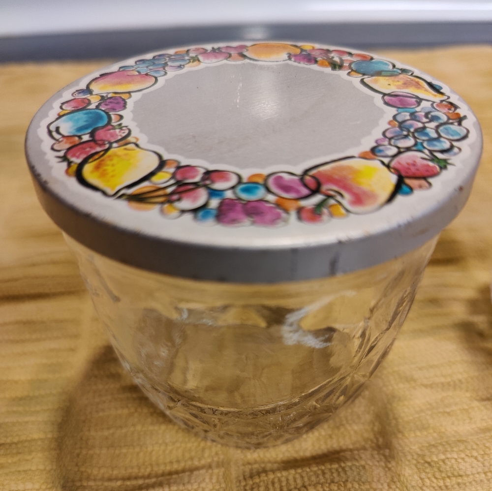 2 Vintage Ball Quilted Crystal Jelly Jar Metal Fruit Design Lid USA